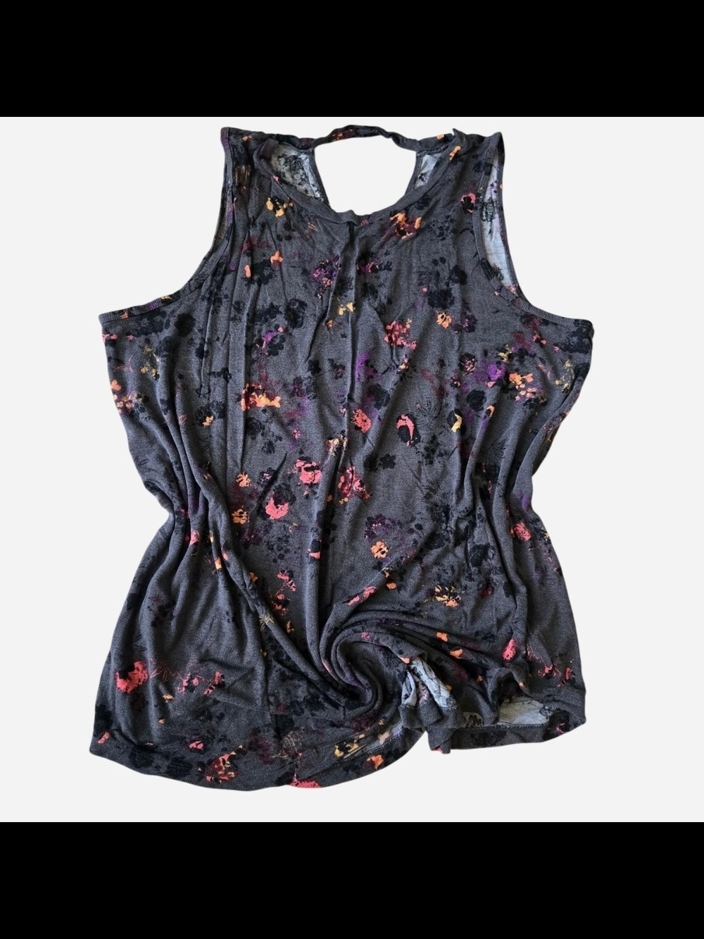 Sleeveless Black Floral Tank Top with Pink & Orange Accents